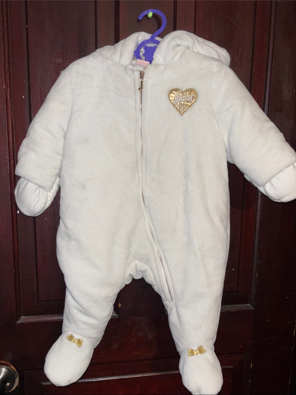 Juicy Couture White Plush Hooded Baby One-Piece with Gold Heart
